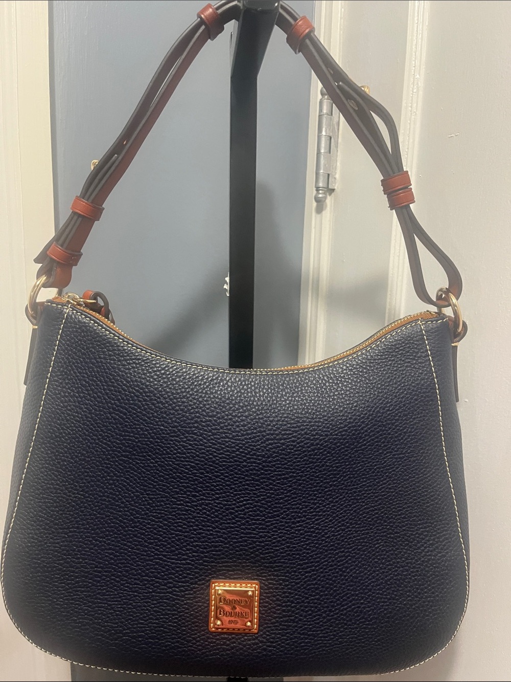 Dooney & Bourke Navy Pebble Leather Shoulder Hobo with Tan Trim